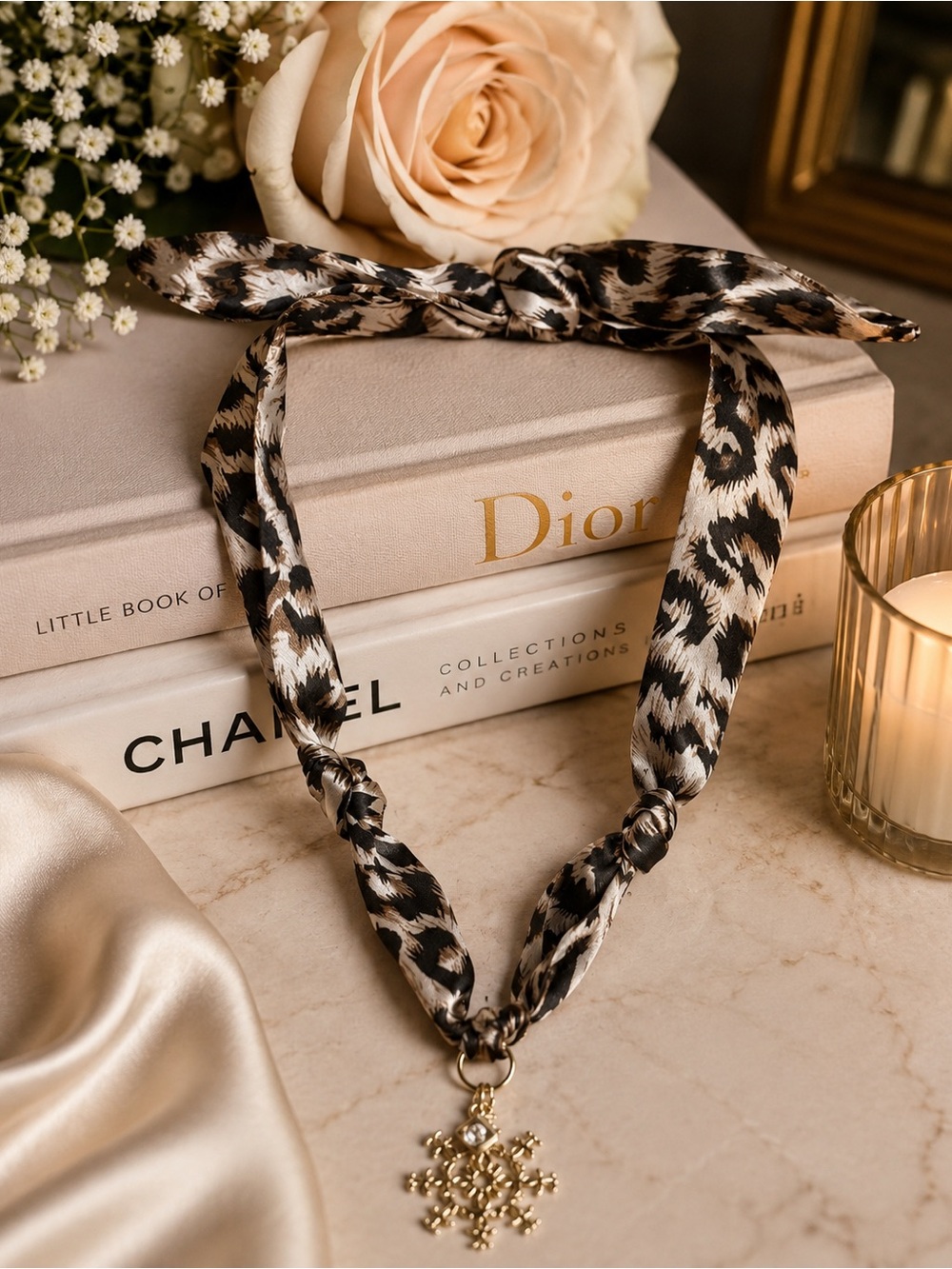 Silk Leopard-Print Scarf Necklace with CC Snowflake Pendant